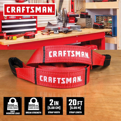 CRAFTSMAN 2" x 20' Tow Recovery Strap with Loop Ends | 9,000 lbs Break Strength, Weather-Resistant Strap, Reinforced Looped Ends, Emergency Flat Terrain Tow and Recovery Solution