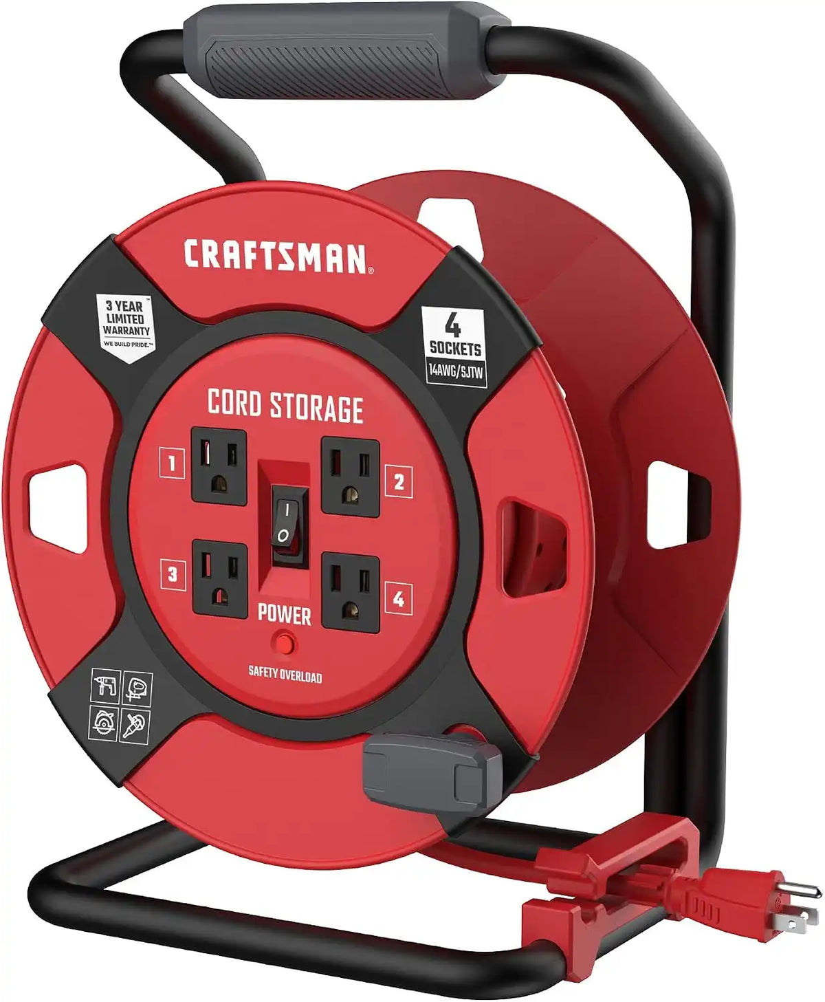 CRAFTSMAN Retractable Extension Cord Reel, 4 Outlets, Cable Management | 14 AWG SJTW cable, heavy-duty construction, organized storage for cords