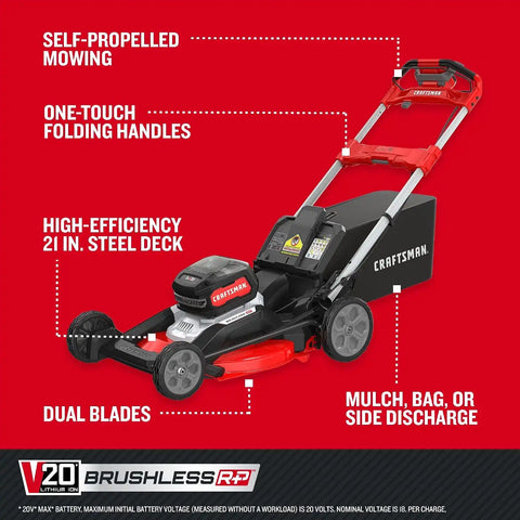 CRAFTSMAN V20 BRUSHLESS RP 21 in Rear Wheel Driver Mower, 2 x 9Ah Batteries and 2 Chargers Included, Up to 70 Min of Runtime, Self-Propelled, LED Headlights, Dual Blades (CMCMWSP320X2)