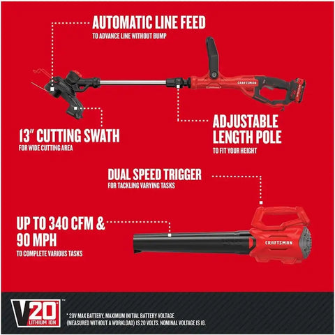 CRAFTSMAN V20 Weed Wacker and Leaf Blower Cordless Combo Kit, Includes 2.0 Ah Battery and Charger, 13 in. String Trimmer and Edger, 90 Mph Blower (CMCK197D1)