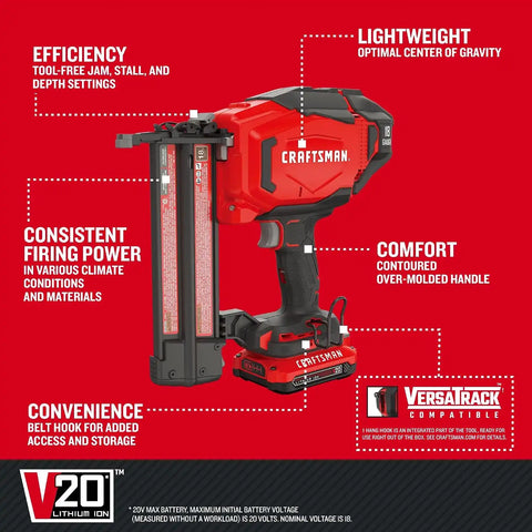 CRAFTSMAN V20 Cordless Brad Nailer, 18 Gauge Nail Gun, with Battery and Charger (CMCN618C1)