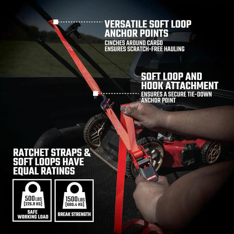 CRAFTSMAN 10-PC Ratchet Strap Kit with Soft Loops, Bungees and Storage Bag | 1,500 lbs Break Strength Ratchet Straps, 36" Premium Flat Bungees, 18" Soft Loops, Storage Bag, Hauling and Cargo Management