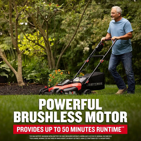 CRAFTSMAN V20 20 in Lawn Mower, 2 x 5Ah Batteries and 2 Chargers Included, High Effeciency Brushless Motor, Push Mower, Up to 50 Min of Runtime, Lightweight, Grass Bag, Low Profile (CMCMW220P2)