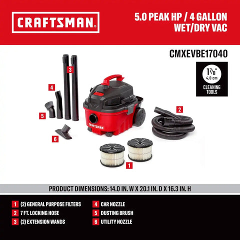 CRAFTSMAN CMXEVBE17040 4 Gallon 5.0 Peak HP Wet Dry Vac, Portable Shop Vacuum Wet and Dry with 2 General Dirt Filters, Hose and Attachments for Home and Automotive Cleaning