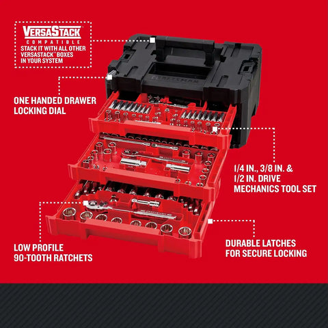 Craftsman 262-Piece Mechanic Tool Set with 3-Drawer VERSASTACK Box, SAE and Metric Socket Set, Car and Motorcycle Tool Kit with Combination Wrenches and Spark Plug Sockets, 90-Tooth (CMMT45309)