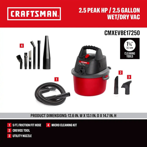 CRAFTSMAN CMXEVBE17250 2.5 Gallon 2.5 Peak HP Wet Dry Shop Vacuum Bundle