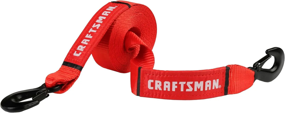 CRAFTSMAN 2" x 20' Tow Strap with Coated, Forged Steel Safety Clip Hooks | 9,000 lbs Break Strength, Coated Forged Steel Safety Clip Hooks, Weather-Resistant Strap, Emergency Flat Terrain Tow Solution
