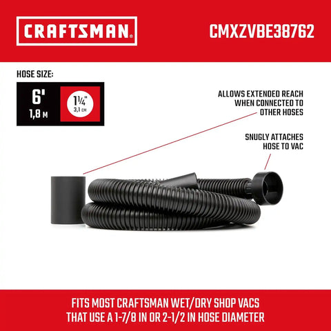 CRAFTSMAN CMXZVBE38762 1-1/4 in. x 6 ft. Friction Fit Wet Dry Vacuum Hose | Shop Vacuum Hose Attachment, Fits Most CRAFTSMAN Wet/Dry Vacs with a 2-1/2 inch Drum Inlet, Attaches to 1-1/4 in. Accessories