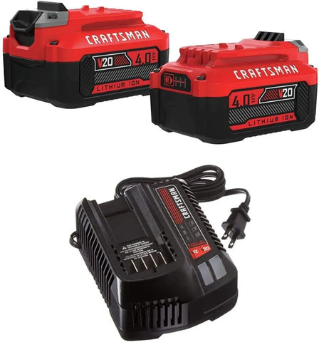 Craftsman V20 Lithium Ion Battery, 4.0-Amp Hour, 2 Pack with Fast Charger (CMCB204-2 & CMCB104)