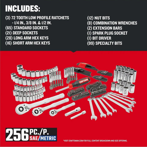 CRAFTSMAN Mechanics Tool Set, 256-Piece Hand Tool and Socket Set with 72-tooth Low Profile Ratchet and 2-Drawer Tool Box (CMMT45256)
