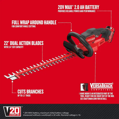 CRAFTSMAN V20 Cordless Hedge Trimmer, 22" with POWERSAW Branch Cutter, Battery and Charger Included (CMCHTS820D1)