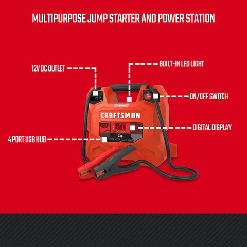 CRAFTSMAN 1000A Car Battery Jump Starter and Portable Power Station, 3-in-1 Solution, 12V DC and 2.4A USB Charging, for 12V Automotive, Marine, and Power Sport Batteries, CMXCESM281
