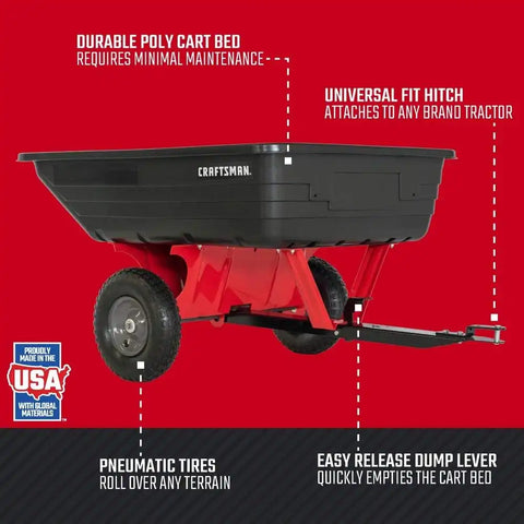 Craftsman Tow Poly Dump Cart for Lawn Tractors and ATVs, 350 lb Load Capacity, 10 Cu Ft Lawn and Garden Utility Trailer