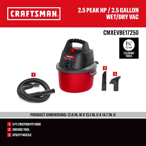 CRAFTSMAN CMXEVBE17250 2.5 Gallon 2.5 Peak HP Wet Dry Shop Vacuum