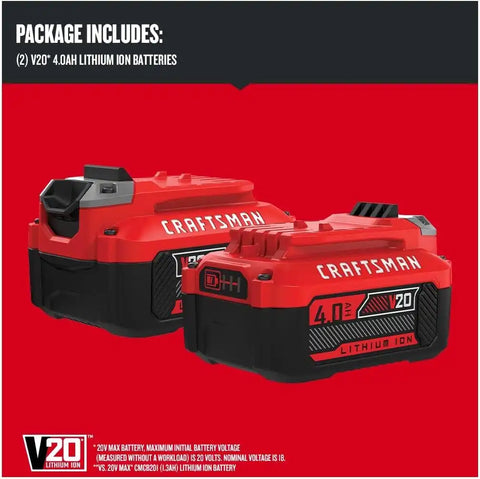 CRAFTSMAN V20 Battery and Charger, for Power Tool Kits and Outdoor Tools, 4.0 Ah, Lithium Ion Battery (CMCB204-CK)