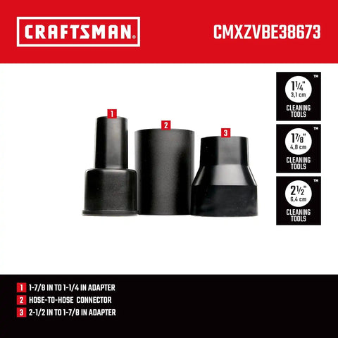 CRAFTSMAN CMXZVBE38673 3-Piece Adapter Wet Dry Shop Vacuum Attachment Kit | Industrial-Grade Vac Accessories that Connects 2-1/2 inch Hoses to 1-7/8 in. Parts, 1-7/8 inch Hoses to 1-1/4 in. Parts