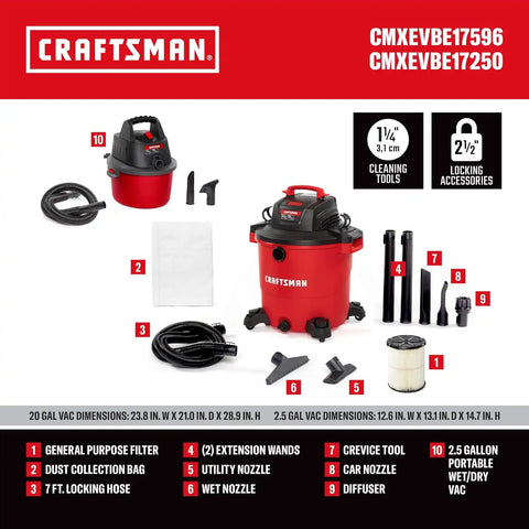 CRAFTSMAN 20 Gal. 6.5 Peak HP and 2.5 Gal. 2.5 Peak HP Shop Vacuum Bundle