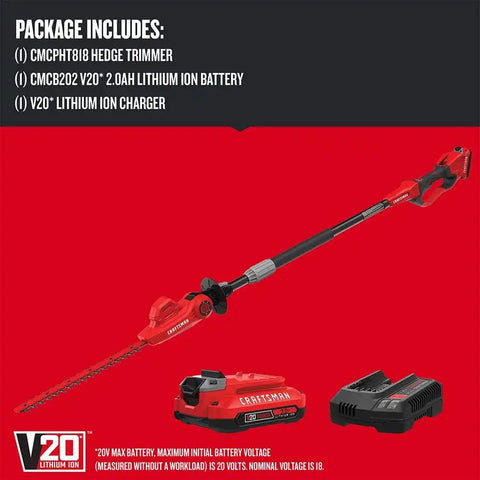 CRAFTSMAN V20 Pole Hedge Trimmer Cordless, 18-Inch, Battery and Charger Included Hedge Trimmer with Extension Pole, Up to 11 Ft Extended Reach (CMCPHT818D1)