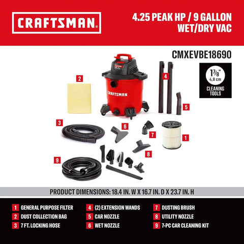 CRAFTSMAN CMXEVBE18690 9 Gallon 4.25 Peak HP Wet Dry Vac, Portable Shop Vacuum Wet and Dry with Filter, Dust Bag, Hose, Car Cleaning Kit and Attachments for Home, Garage and Automotive Cleaning