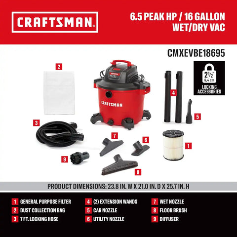CRAFTSMAN CMXEVBE18695 16 Gallon 6.5 Peak HP Wet Dry Shop Vacuum Bundle | Heavy-Duty Wet and Dry Vac with Filter, Dust Bag, Hose, Diffuser, Floor Brush, Attachments for Home Projects & Renovations