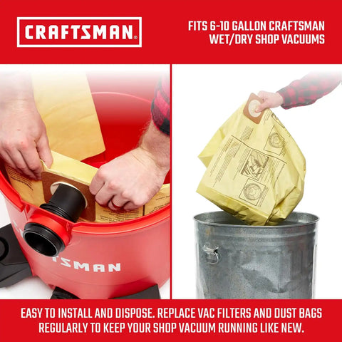 CRAFTSMAN CMXZVBE39970 Genuine 6-10 Gal. Wet Dry Vac Dust Collection Bags | For Fine Dust, Fits Most 6 to 10 Gallon CRAFTSMAN Shop Vacuums, Collects Dry Fine Debris, Reduces Cleanup Time, 2-Pack