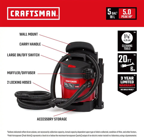 CRAFTSMAN CMXEVBE17925 5 Gallon 5.0 Peak HP Wet Dry Vac, Portable and Wall-Mountable Shop Vacuum with 2 Filters, 2 Hoses and Attachments for Garage and Automotive Cleaning
