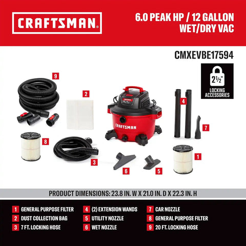 CRAFTSMAN CMXEVBE17594 12 Gallon 6.0 Peak HP Wet Dry Shop Vacuum Bundle
