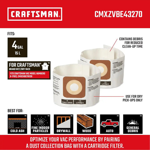 CRAFTSMAN CMXZVBE43270 Genuine 4 Gal. Wet Dry Vacuum Dust Collection Bags | For Fine Dust, Fits CRAFTSMAN CMXEVBE17612 4 Gallon Shop Vacuum, Collects Dry Fine Debris, Reduces Cleanup Time, 2-Pack