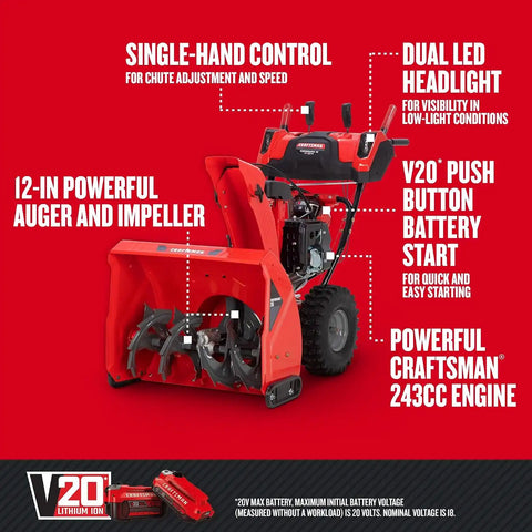 CRAFTSMAN Performance 26" V20 Two-Stage Self Propelled Snow Blower with Push-Button Start, Battery Powered, 243cc Engine (31AN5C4FB93)