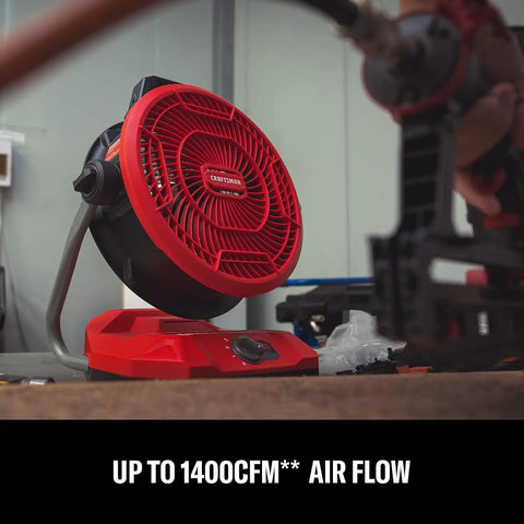 CRAFTSMAN V20 Cordless 12" Portable Fan, Battery Powered Fan, AC/DC Dual Supply, AC Adapter included, 1400 CFM, 3-Speed Settings, 130° Tilt for Garage, Workshop, Outdoor and Patio