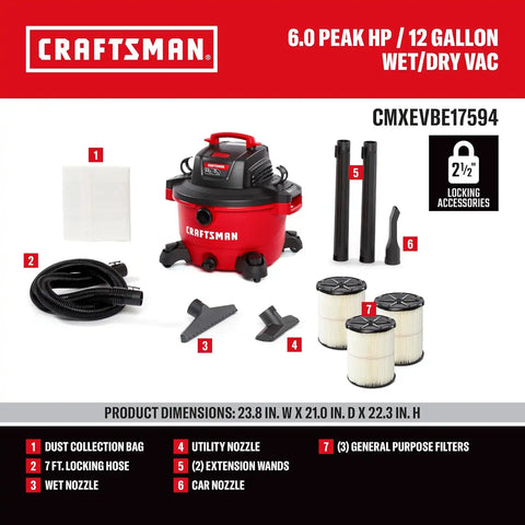 CRAFTSMAN CMXEVBE17594 12 Gallon 6.0 Peak HP Wet Dry Vac, Portable Shop Vacuum Wet and Dry with 3 Filters, Dust Bag, Hose and Attachments for Home Projects & Renovations