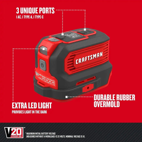 CRAFTSMAN V20 Charger, Power Inverter, Charging Ports for Type-C, Type-A, and AC, 150 Watts, Bare Tool Only (CMCB1150B)
