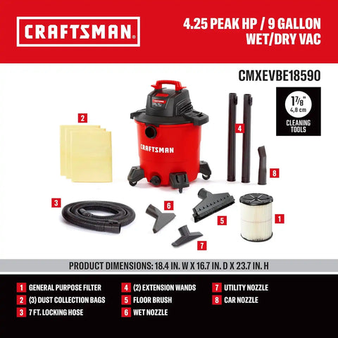 CRAFTSMAN CMXEVBE18590 9 Gallon 4.25 Peak HP Wet Dry Vac, Portable Shop Vacuum Wet and Dry with Filter, 3 Dust Bags, Hose, Floor Brush and Attachments for Home, Garage and Automotive Cleaning