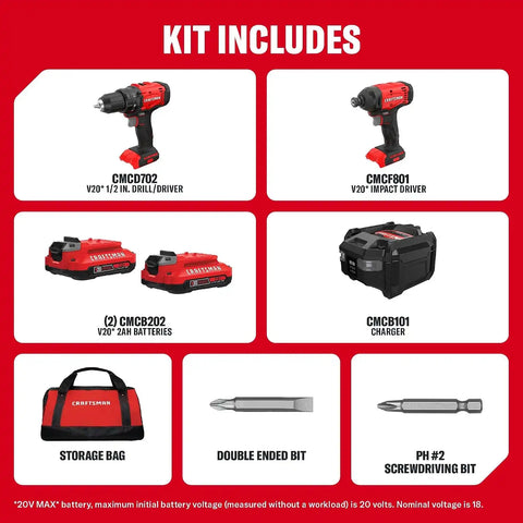 CRAFTSMAN V20 Cordless Drill Driver and Impact Driver, 2 x 2Ah Lithium Ion Battery and Charger, Two Power Tools, 1700 RPM 1/2 In. Electric Drill, 1800 Torque 1/4 Impact Screwdriver (CMCK201D2)