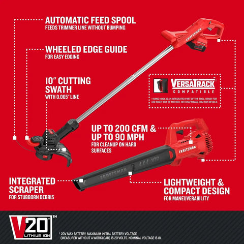 CRAFTSMAN V20 Cordless String Trimmer/Edger and Leaf Blower Combo with 4.0 Ah Battery and Charger, Wide Cut Weedwacker, 90 MPH Blower, Lightweight (CMCK279M1)