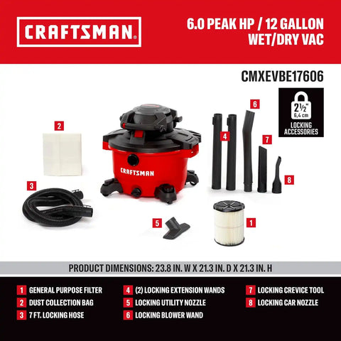 CRAFTSMAN CMXEVBE17606 12 Gal. 6.0 Peak HP Wet Dry Vac with Detach Blower | Portable Shop Vacuum Wet and Dry with Filter, Dust Bag, Hose and Attachments for Garage, Outdoor Cleaning