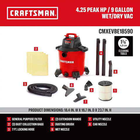 CRAFTSMAN CMXEVBE18590 9 Gallon 4.25 Peak HP Wet Dry Vac, Portable Shop Vacuum Wet and Dry with Filter, 3 Dust Bags, Hose, Dusting Brush and Attachments for Home, Garage and Automotive Cleaning