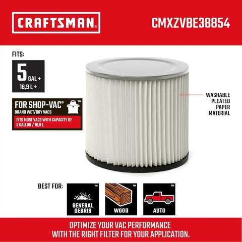 CRAFTSMAN CMXZVBE38854 General Purpose Wet Dry Shop Vacuum Filter | Fits Most Shop-Vac Branded Shop Vacuums, Friction Fit Installation, Traps General Debris