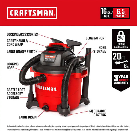 CRAFTSMAN CMXEVBE17595 16 Gallon 6.5 Peak HP Wet Dry Shop Vacuum Bundle