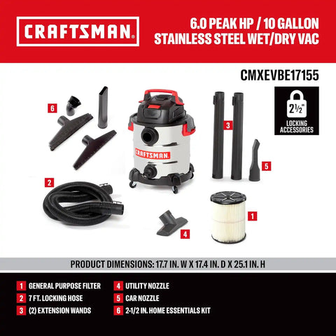 CRAFTSMAN CMXEVBE17155 10 Gallon 6.0 Peak HP Stainless Steel Wet Dry Vac, Portable Shop Vacuum Wet and Dry with Filter, Hose, DIY Cleaning Kit and Attachments for Home and Garage Use
