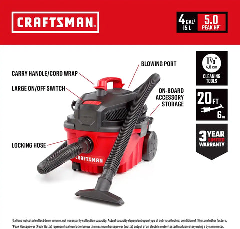 CRAFTSMAN CMXEVBE17040 4 Gallon 5.0 Peak HP Wet Dry Shop Vacuum Bundle