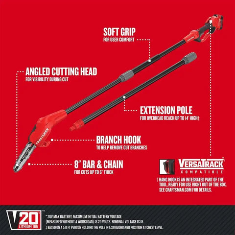 CRAFTSMAN V20 Cordless Pole Saw, 14-Foot, Battery and Charger Included, Pole Saws for Tree Trimming, Up to 325 Cuts per Charge, 4.0Ah, Electric Tree Trimmer (CMCCSP20M1)