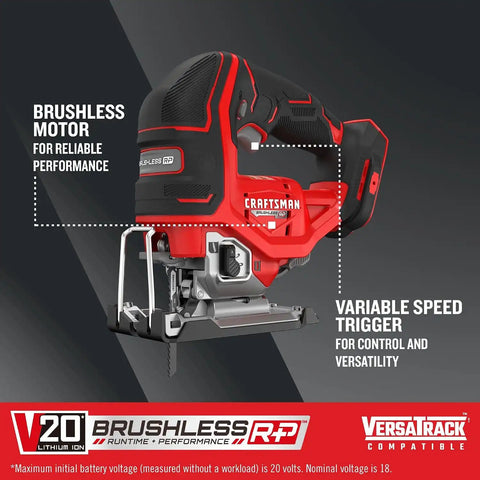 CRAFTSMAN V20 RP Cordless Jig Saw, 3 Orbital Settings, Up to 3,200 SPM, Variable Speed Keyless, Bare Tool Only (CMCS650B)