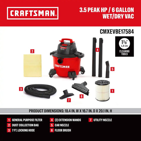 CRAFTSMAN CMXEVBE17584 6 Gallon 3.5 Peak HP Wet Dry Shop Vacuum Bundle | General Purpose Wet and Dry Vac with Filter, Dust Bag, Floor Brush and Attachments for Home, Garage and Automotive Cleaning