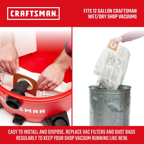 CRAFTSMAN CMXZVBE38735 Genuine 12-Gal. Wet Dry Vac Dust Collection Bags | For Fine Dust, Fits Most 12 Gallon CRAFTSMAN Shop Vacuums, Collects Dry Fine Debris, Reduces Cleanup Time, 2-Pack