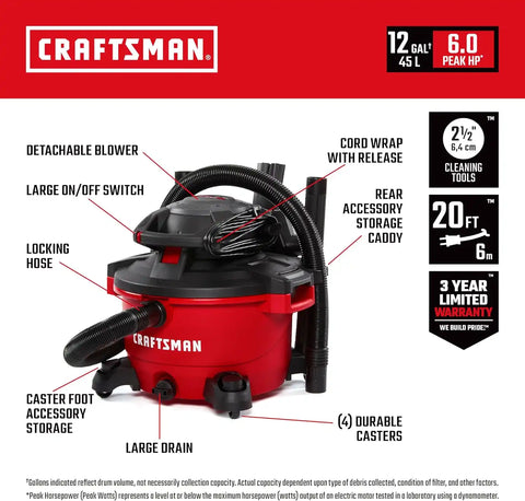 CRAFTSMAN CMXEVBE17606 12 Gallon 6.0 Peak HP Wet Dry Blower Vacuum Bundle