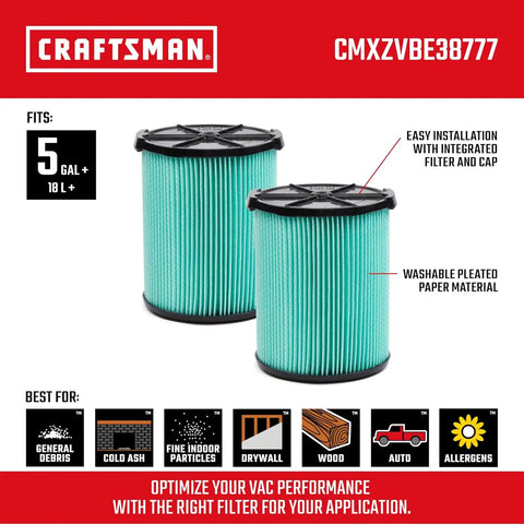 CRAFTSMAN CMXZVBE38777 Genuine 5-20 Gal. HEPA Media Wet Dry Vacuum Filter | Fits Most 5 to 20 Gallon CRAFTSMAN Shop Vacuums, Easy Installation and Traps Allergens, 2-Pack