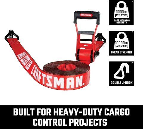 CRAFTSMAN 2" x 27' x 10,000 lbs Ratchet Strap with Double J-Hooks, 1‑Pack | 10,000 lbs Break Strength, Wide‑Grip Ergonomic Handle, WSTDA Weather‑Resistant Straps, Double J-Hooks for Industrial Cargo