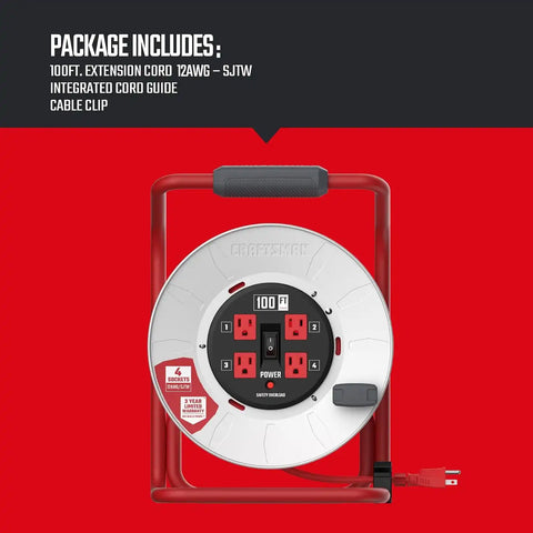CRAFTSMAN 100 Ft. Contractor Retractable Cord Reel, 4 Outlets | 12 AWG SJTW cable, heavy-duty build, ideal for job sites and workshops