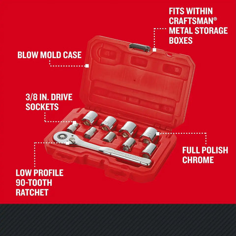CRAFTSMAN 10 Pc Mechanics Tool Set with 90-tooth Low Profile Ratchet, SAE, 3/8 Inch Drive (CMMT34563)